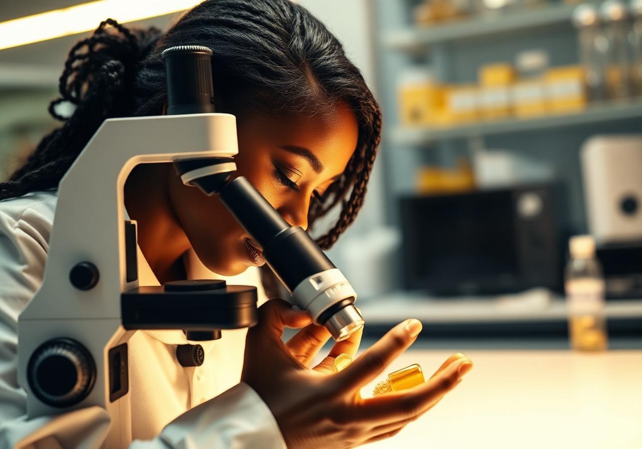 Emirates Refinery laboratory scientist examining a gold sample