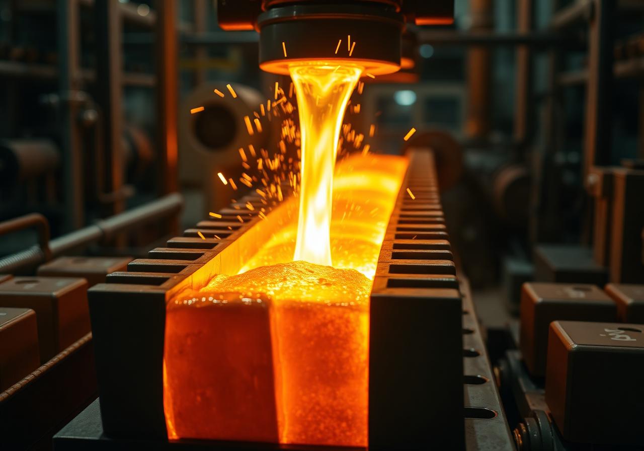 Molten gold being poured into bar molds
